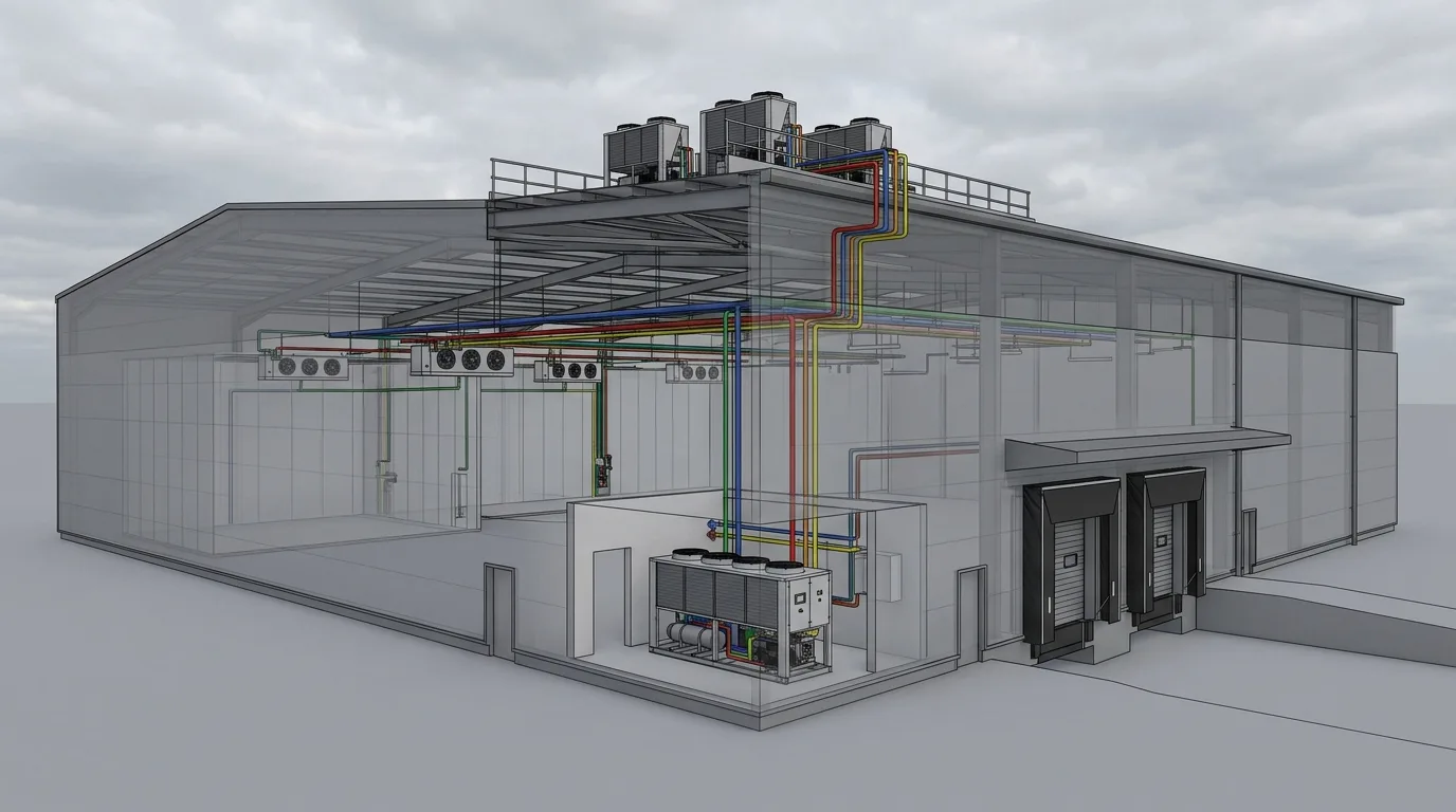 Schnitt CGI für Kühllager Kontext mit Kühlkammer, gekühltem Lagerbereich, Tiefkühlzone und Dachtechnik