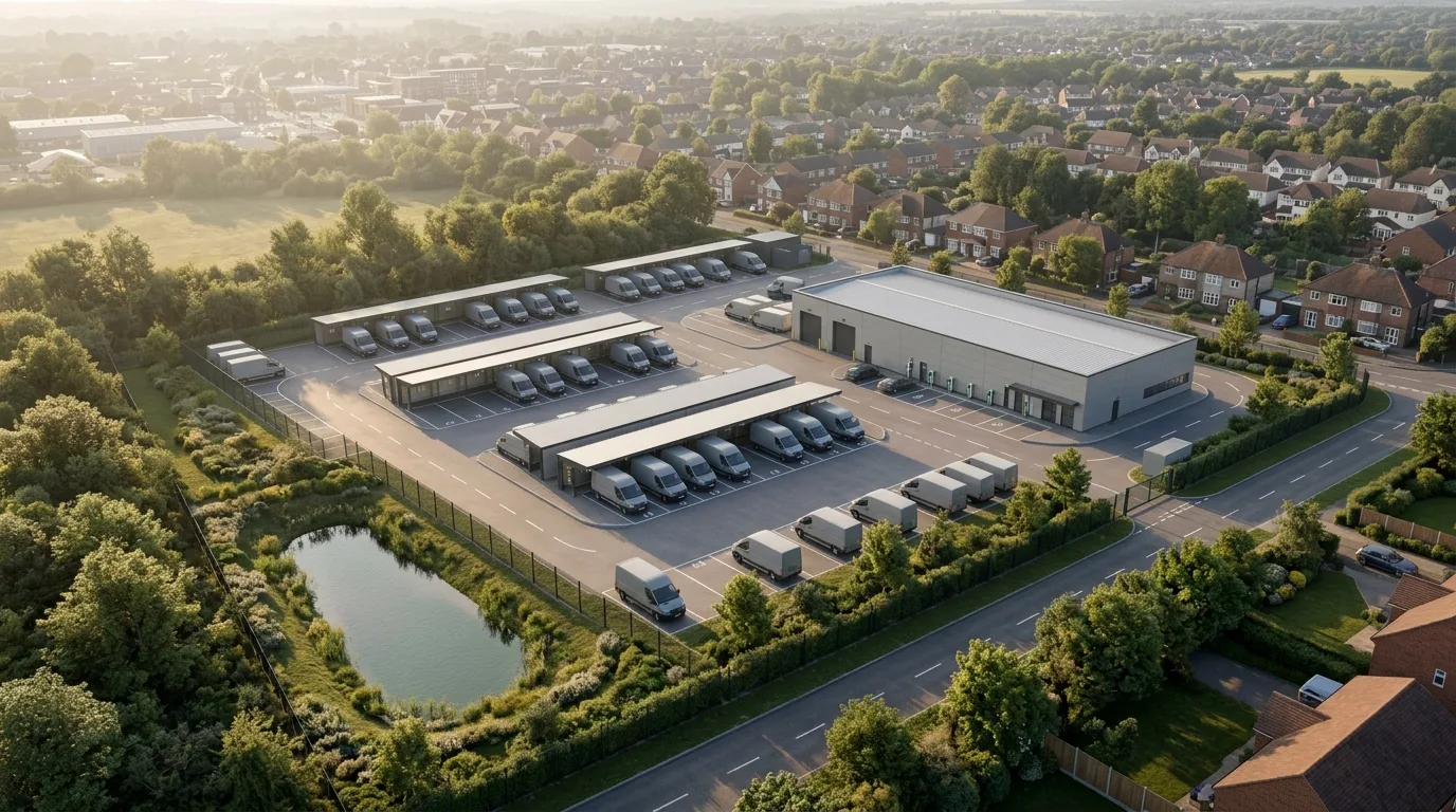 Last-Mile Depot Visualisierung mit urbanem Standort, Van-Yard und Straßenfront