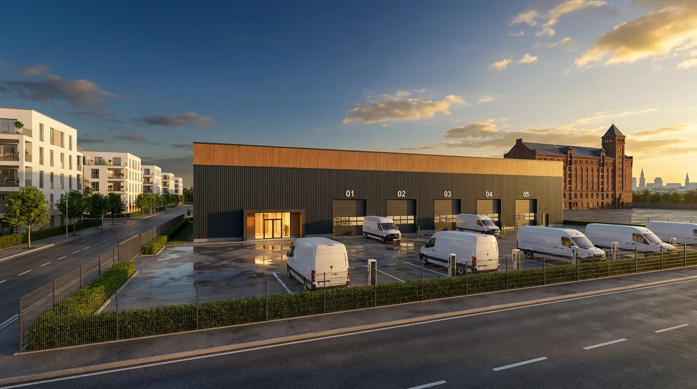 Konzept-CGI für ein urbanes Lieferdepot in Hamburg mit Lieferwagen-Aufstellung, Ladezonen und Mehrfamilienhaus-Kontext