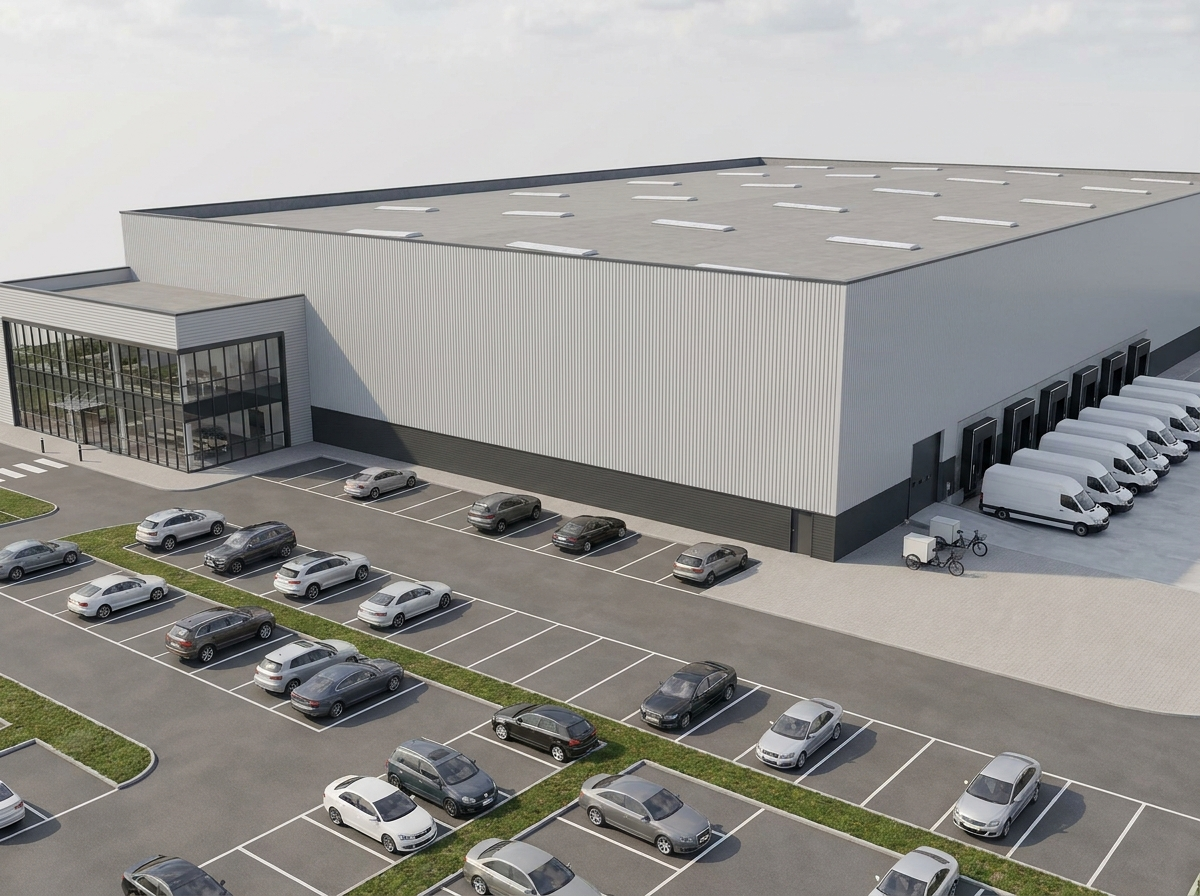 Fulfillment Center Visualisierung für Planung mit Mitarbeiterparkplatz, Bürofront und Van-Dispatch
