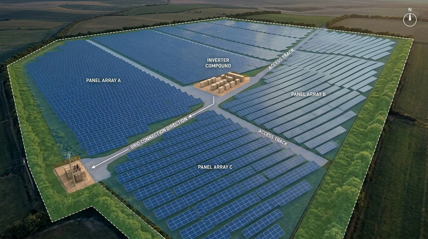 3D-Visualisierung eines modernen Solarparks mit Umspannwerk
